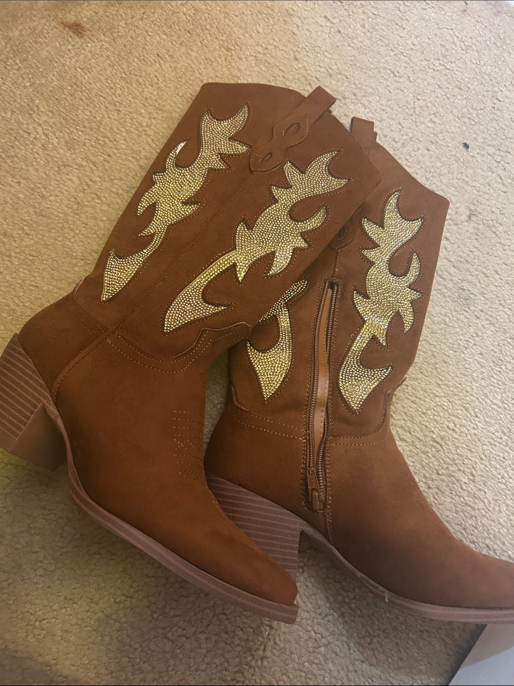 Women's Tan Western Suede Boots with Gold Embellishment